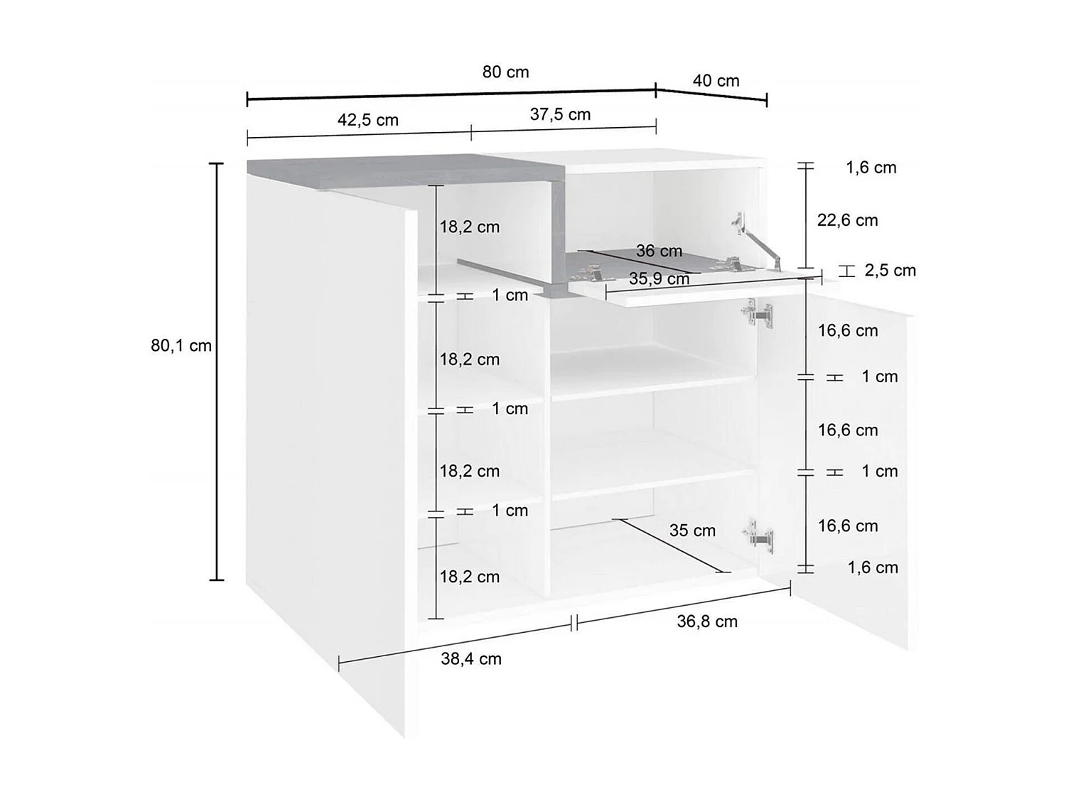 Zapatero Dmaric, Mueble multiusos con 2 puertas y 1 puerta abatible, Zapatero de entrada, 100% Made in Italy, 80x40h80 cm, Blanco Brillo y Pizarra
