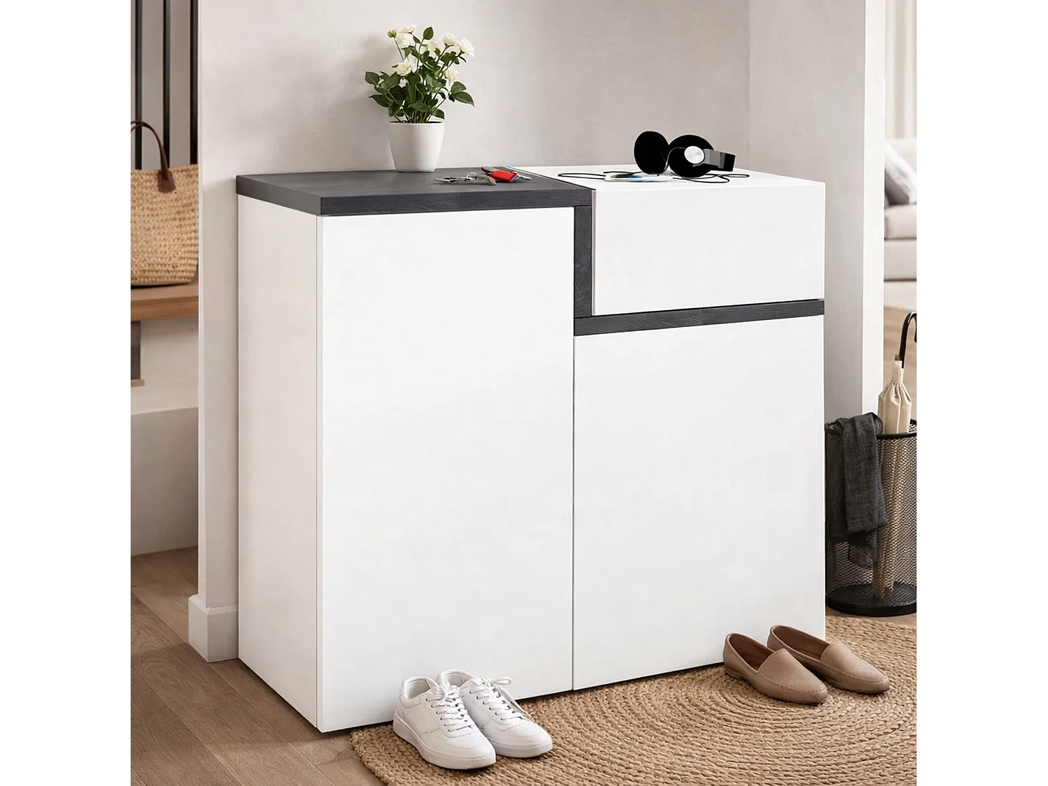 Zapatero Dmaric, Mueble multiusos con 2 puertas y 1 puerta abatible, Zapatero de entrada, 100% Made in Italy, 80x40h80 cm, Blanco Brillo y Pizarra