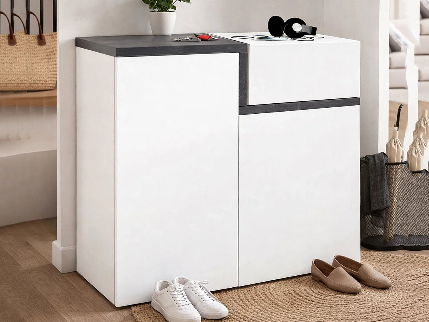 Dmaric schoenenrek, multifunctionele kast met 2 deuren en 1 klepdeur, schoenenrek voor entree, 100% Made in Italy, 80x40h80 cm, glanzend wit en leisteen