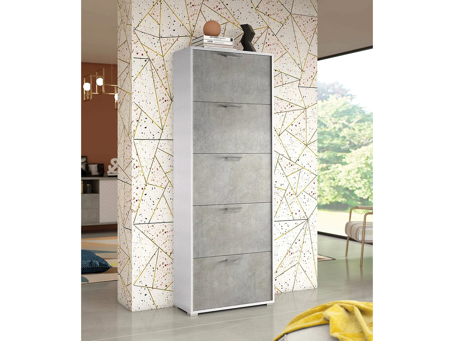 Sapateira Dmiano, móvel de entrada multiuso com 5 portas sanfonadas, sapateira de dupla profundidade, 100% Fabricado na Itália, 67x28h183 cm, Branco e Cimento