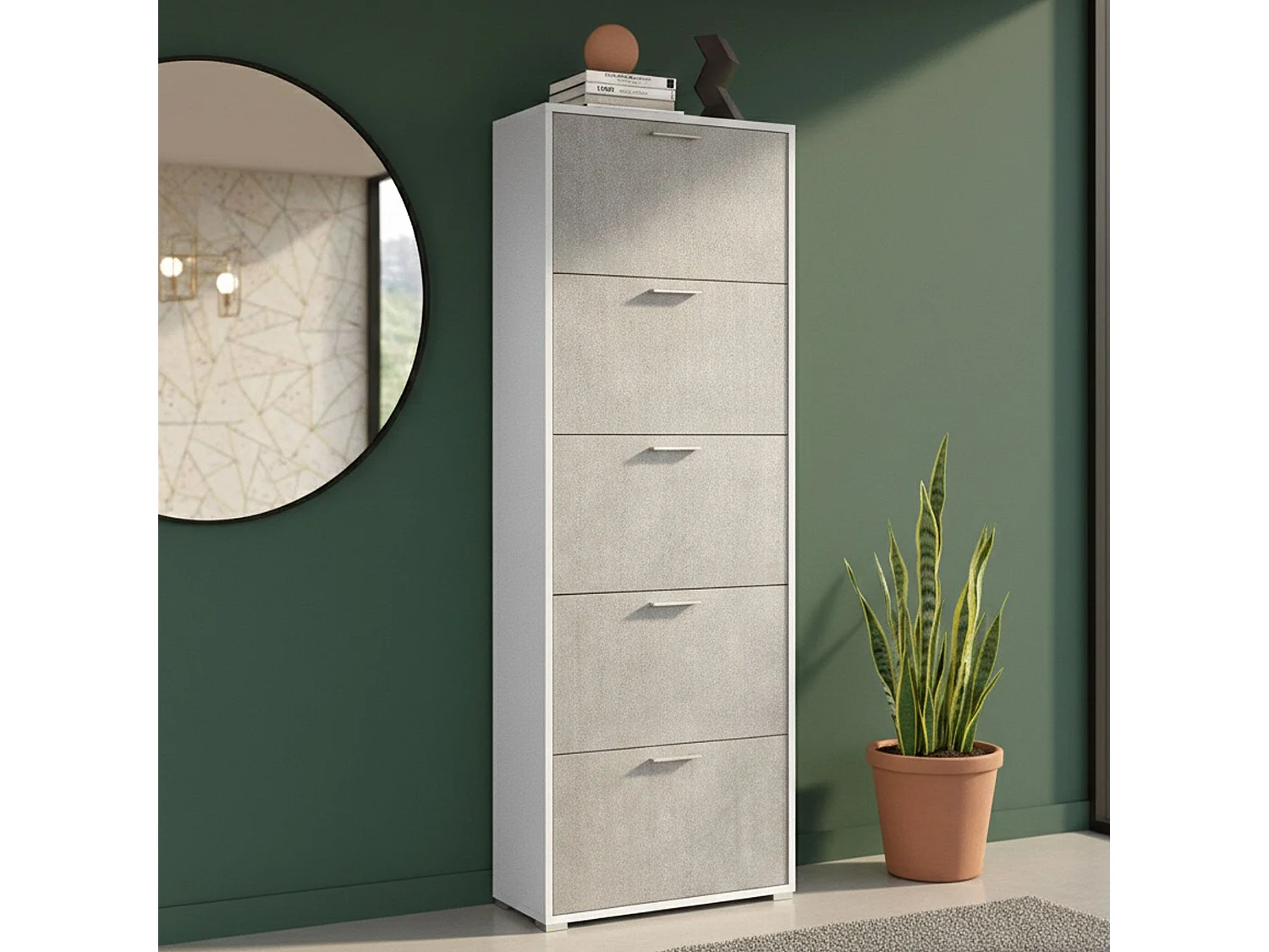 Sapateira Dmiano, móvel de entrada multiuso com 5 portas sanfonadas, sapateira de dupla profundidade, 100% Fabricado na Itália, 67x28h183 cm, Branco e Cimento