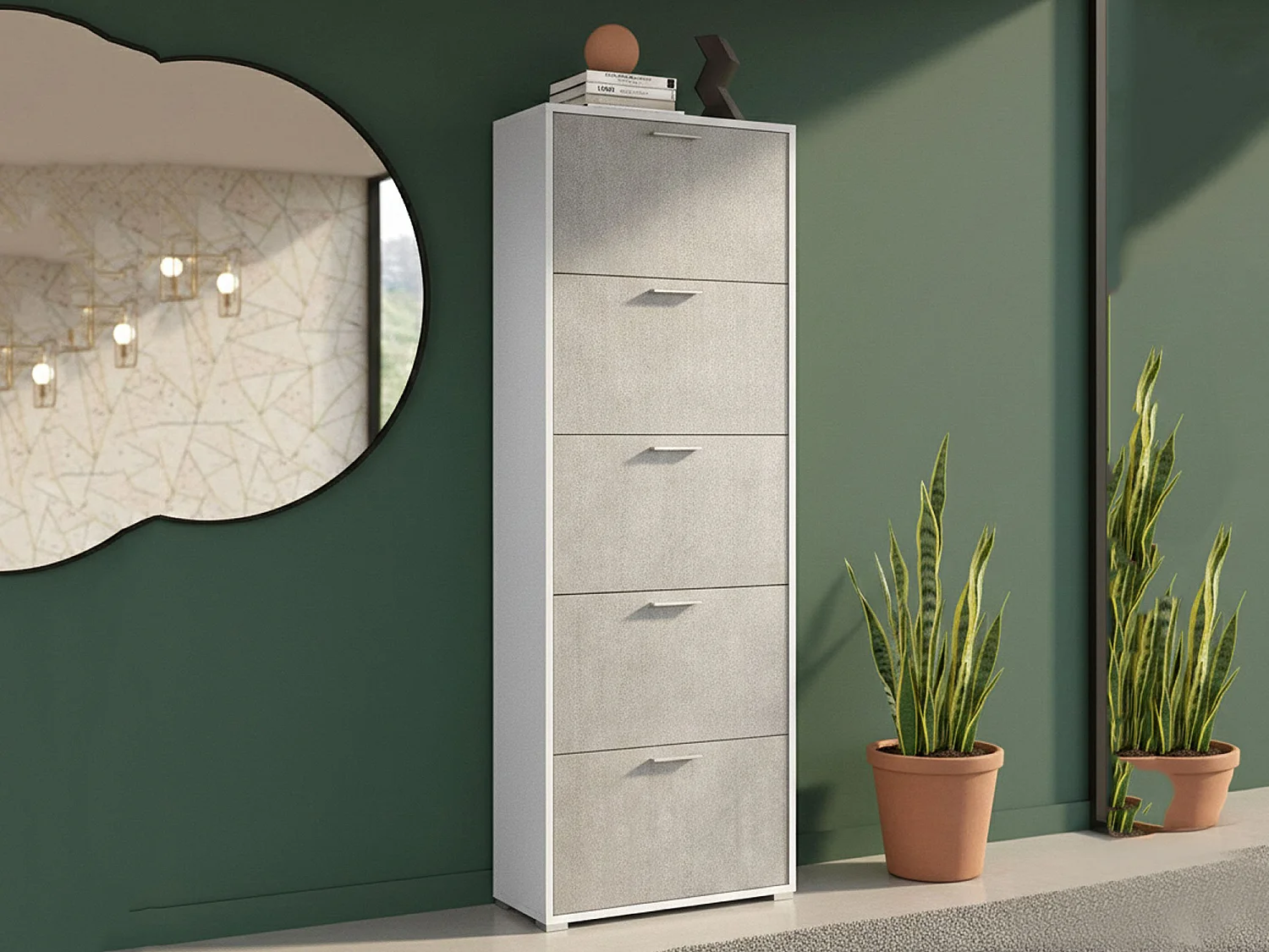 Sapateira Dmiano, móvel de entrada multiuso com 5 portas sanfonadas, sapateira de dupla profundidade, 100% Fabricado na Itália, 67x28h183 cm, Branco e Cimento