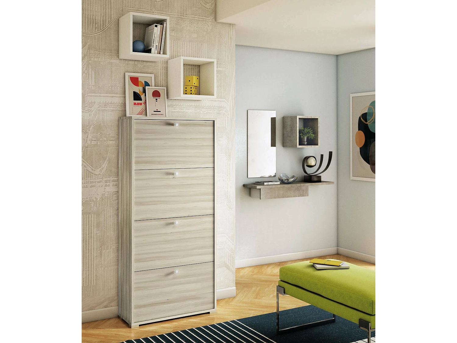 Zapatero Dmarcat, Mueble de entrada polivalente con 4 puertas abatibles, Zapatero de doble profundidad, 100% Made in Italy, 67x28h147 cm, Olmo