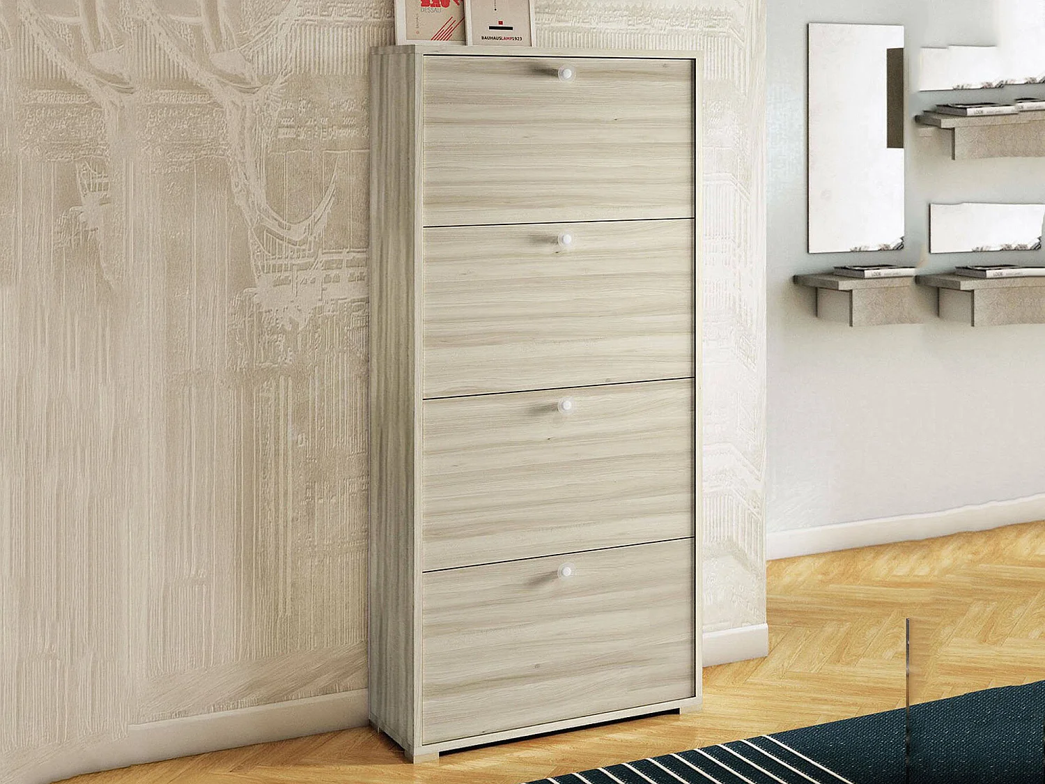 Zapatero Dmarcat, Mueble de entrada polivalente con 4 puertas abatibles, Zapatero de doble profundidad, 100% Made in Italy, 67x28h147 cm, Olmo