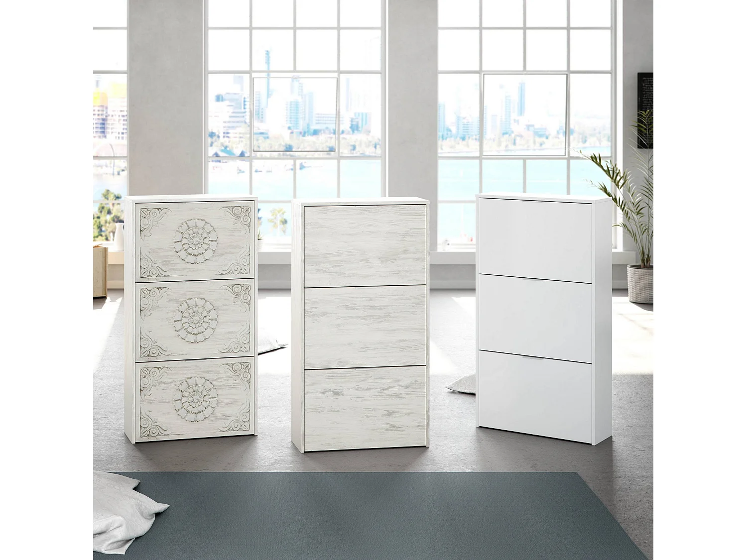 Dcosta schoenenrek, schoenenkast met 3 vouwdeuren, kast met dubbele capaciteit voor maximaal 18 paar schoenen, 70x17h180 cm, Wit