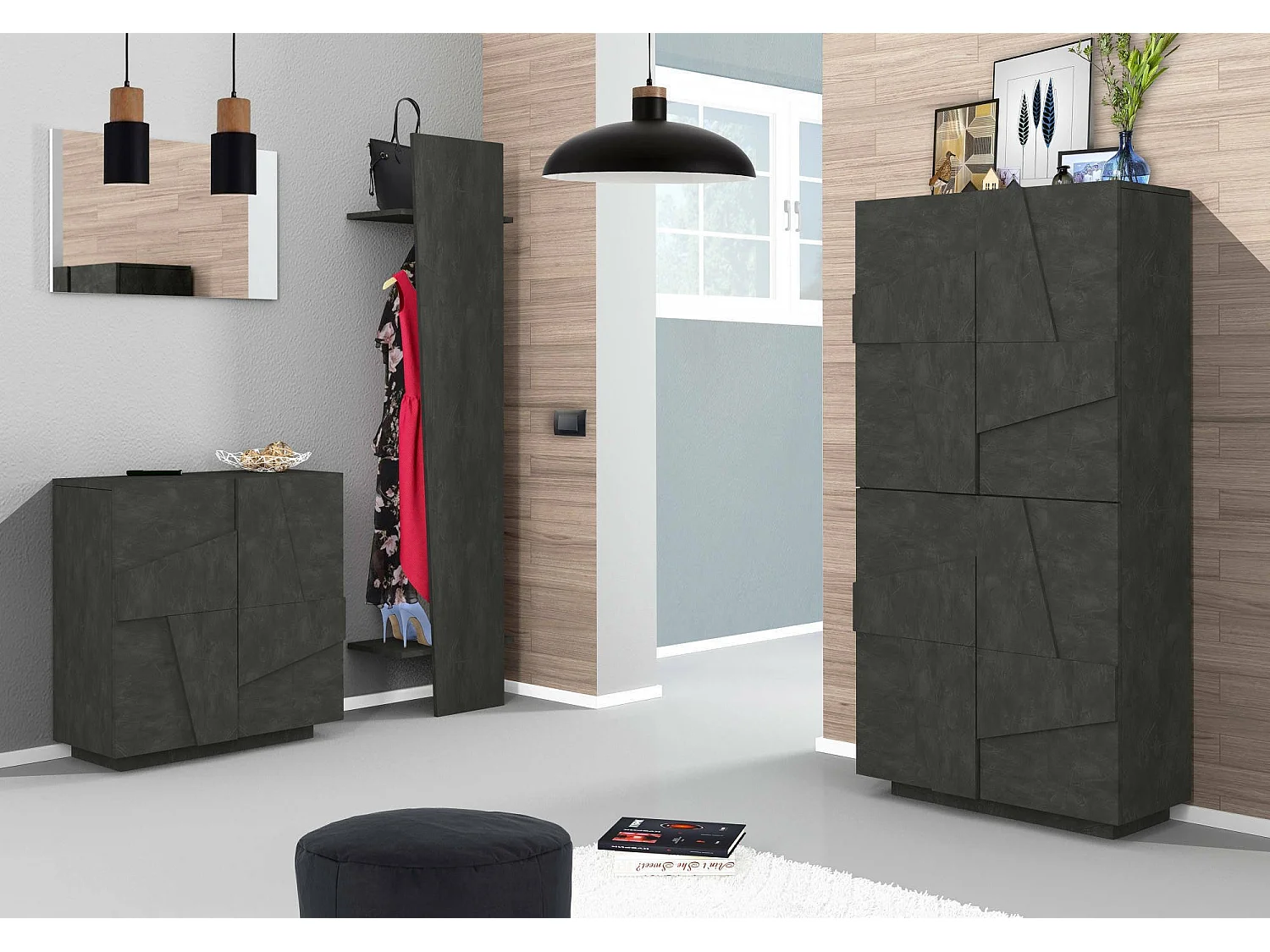 Étagère à chaussures Dlerd, Armoire polyvalente avec 4 portes battantes, Étagère à chaussures d'entrée, 100% Made in Italy, 81x38h167 cm, Ardoise
