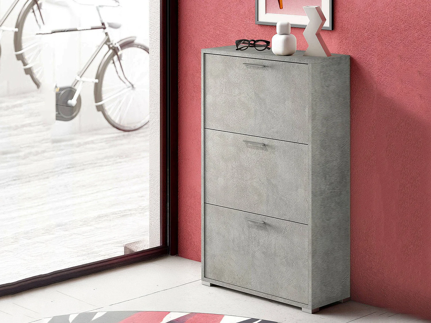Dlos schoenenrek, Multifunctioneel entreemeubilair met 3 vouwdeuren, Schoenenkast met dubbele diepte, 100% Made in Italy, 67x28h112 cm, Cement