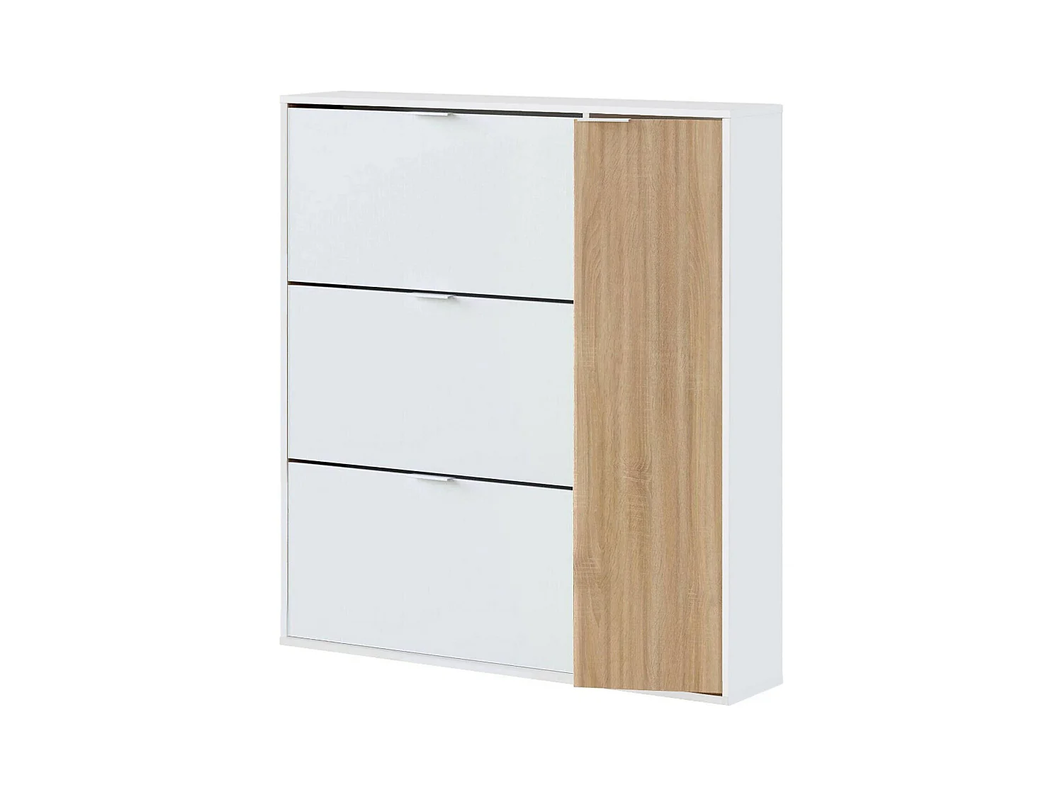 Dmor schoenenrek, Ruimtebesparend schoenenrek met 4 deuren, Ingang schoenenrek, Schoenenrek kledingkast, 105x24h112 cm, Eiken en Glanzend Wit