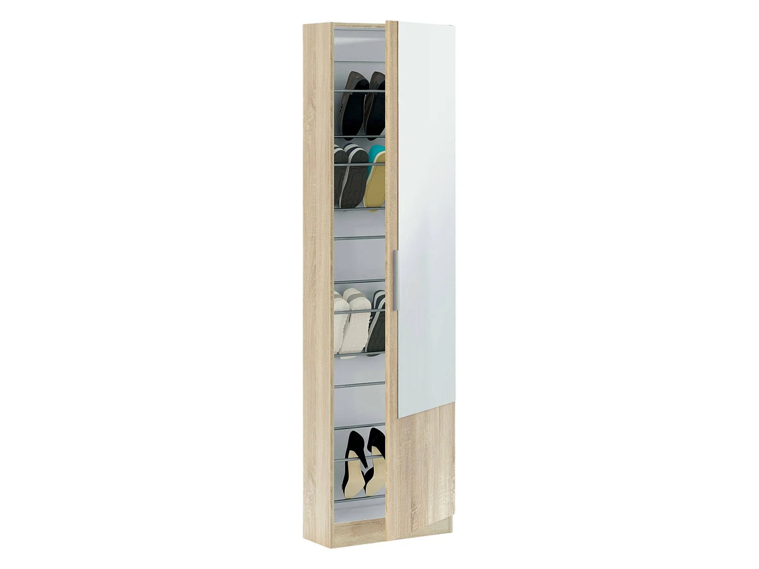 Étagère à chaussures Dcozzol, Armoire à chaussures haute avec 1 porte, Armoire à chaussures moderne, Armoire d'entrée avec miroir, 50x22h180 cm, Chêne