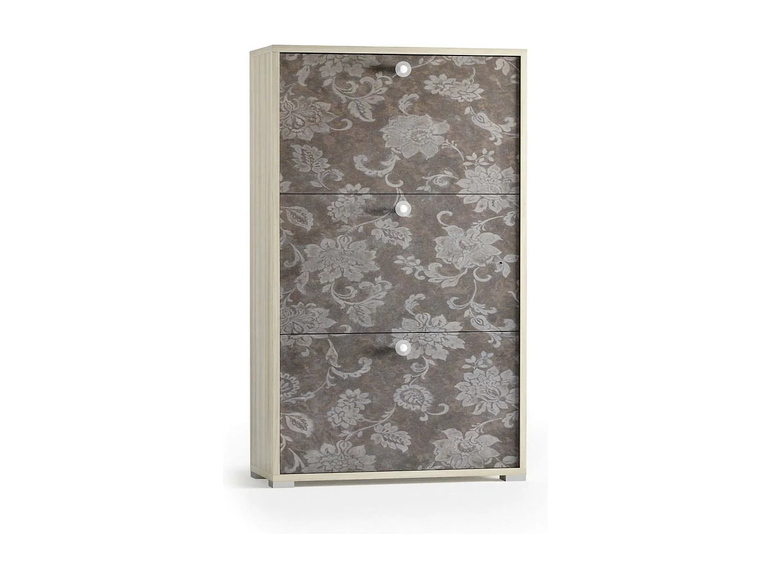 Étagère à chaussures Dlos, Meuble d'entrée polyvalent avec 3 portes pliantes, Meuble à chaussures double profondeur, 100% Made in Italy, 67x28h112 cm, Orme et motif