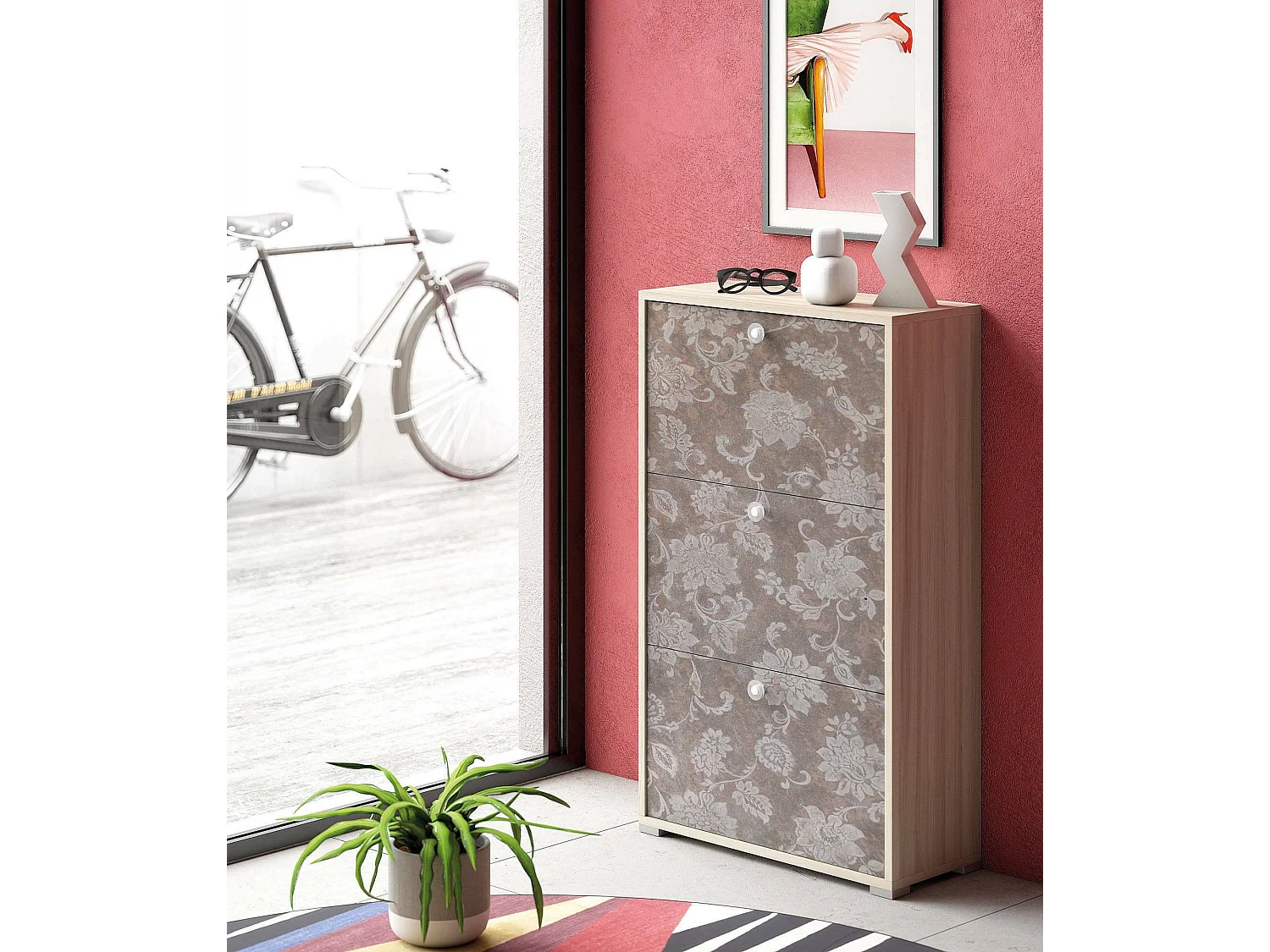 Étagère à chaussures Dlos, Meuble d'entrée polyvalent avec 3 portes pliantes, Meuble à chaussures double profondeur, 100% Made in Italy, 67x28h112 cm, Orme et motif