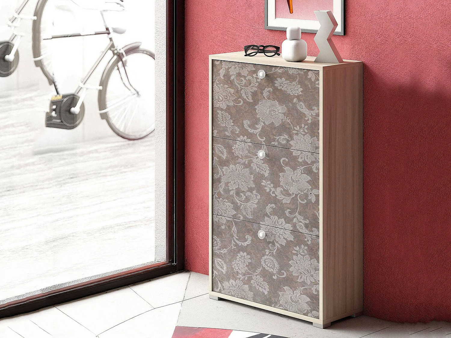 Dlos schoenenrek, Multifunctioneel entreemeubilair met 3 vouwdeuren, Schoenenkast met dubbele diepte, 100% Made in Italy, 67x28h112 cm, Elm en patroon