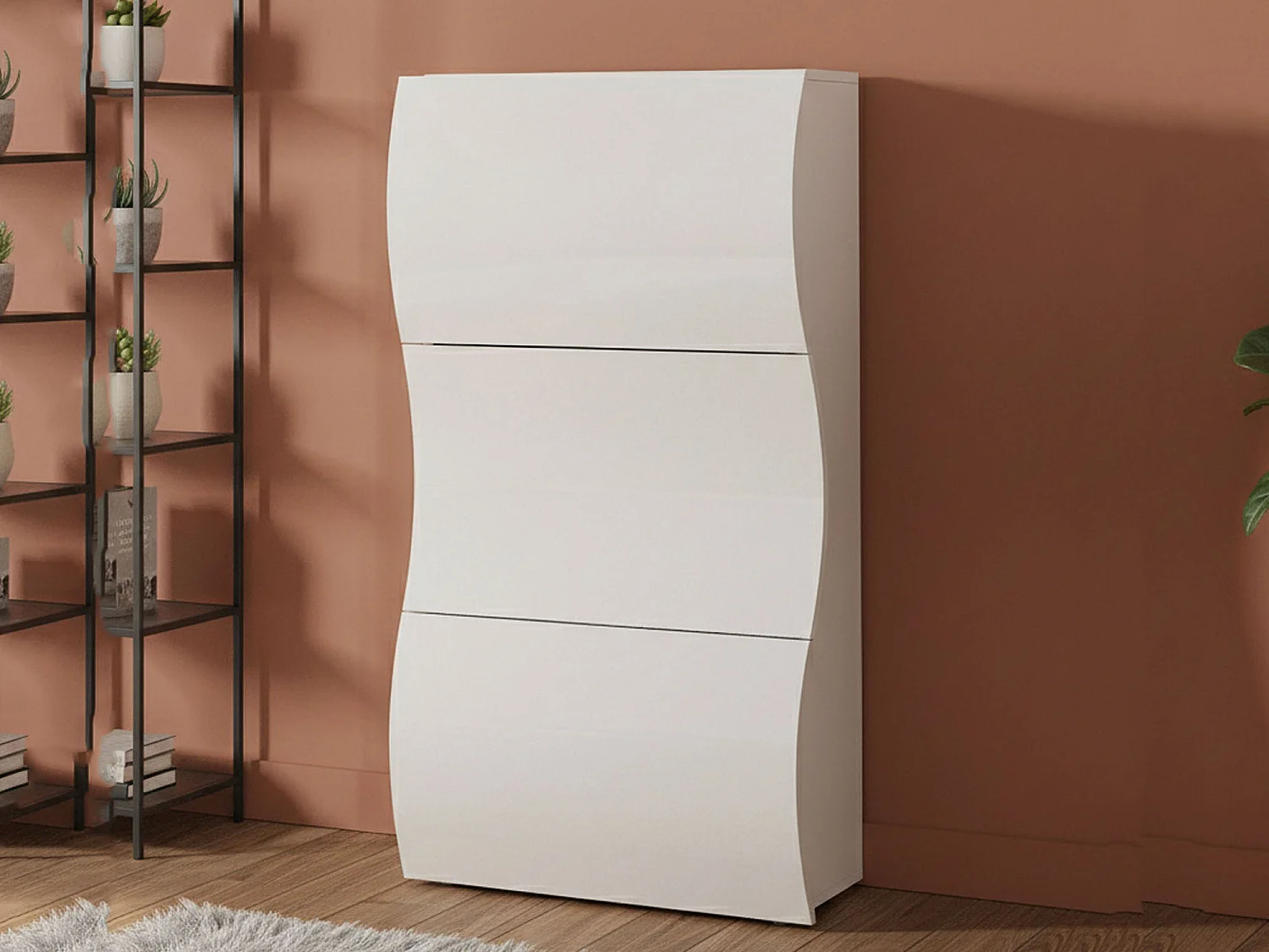 Dgan schoenenrek, Multifunctionele kast met 3 deuren, Ingang schoenenrek, 100% Made in Italy, 71x27h122 cm, Glanzend wit