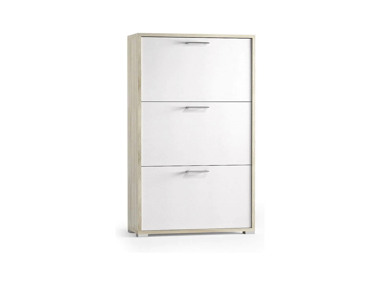 Étagère à chaussures Dlos, Meuble d'entrée polyvalent avec 3 portes pliantes, Meuble à chaussures double profondeur, 100% Made in Italy, 67x28h112 cm, Blanc et Orme