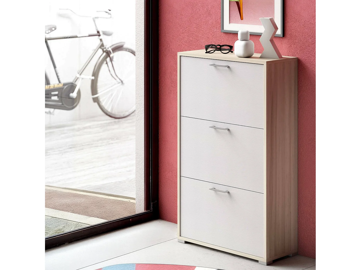 Zapatero Dlos, Mueble de entrada polivalente con 3 puertas abatibles, Zapatero de doble profundidad, 100% Made in Italy, 67x28h112 cm, Blanco y Olmo