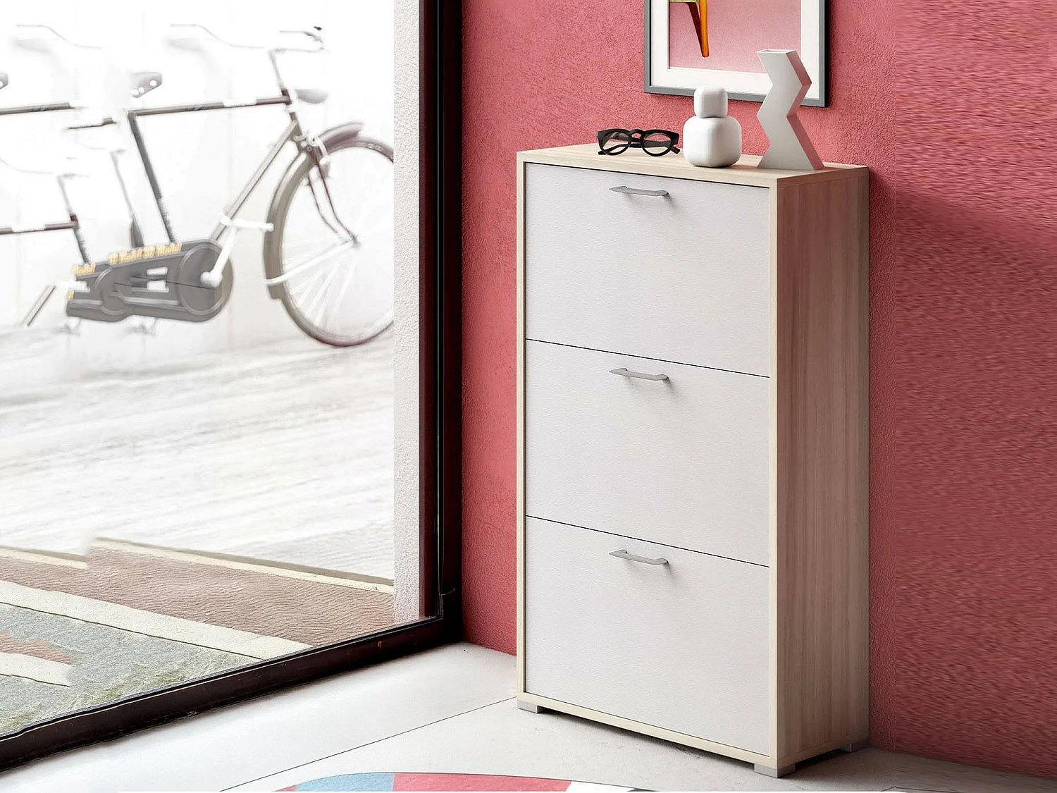 Dlos schoenenrek, multifunctioneel entreemeubilair met 3 vouwdeuren, schoenenkast met dubbele diepte, 100% Made in Italy, 67x28h112 cm, Wit en Elm