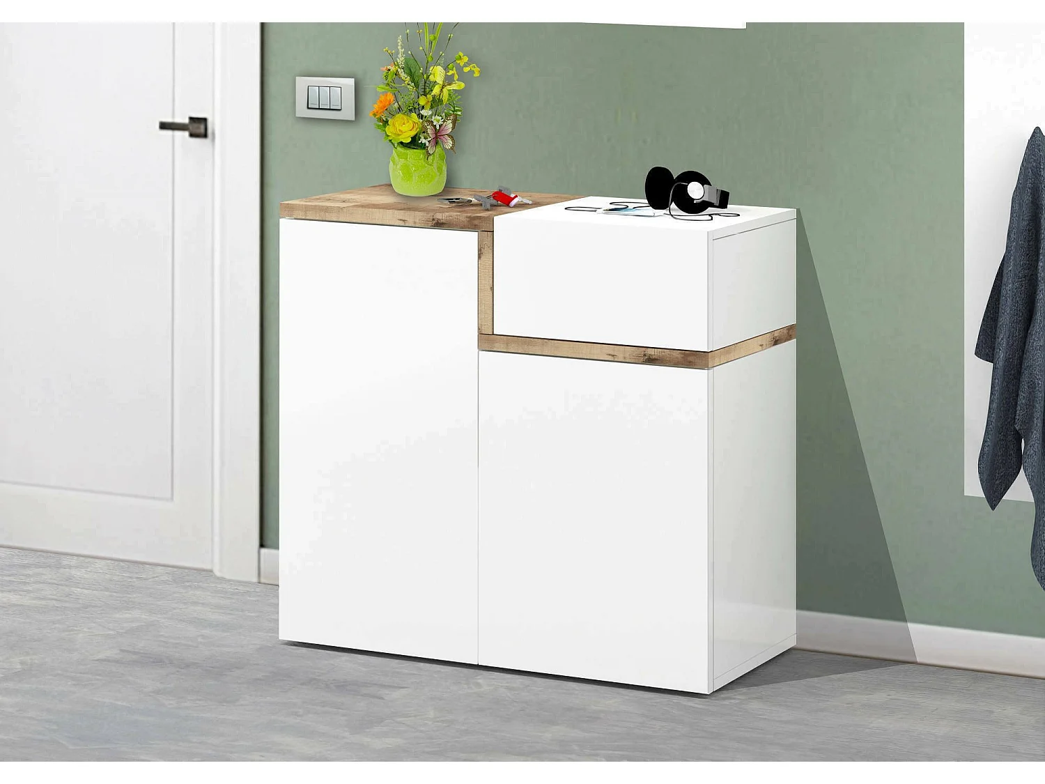 Zapatero Dmaric, Mueble multiusos con 2 puertas y 1 puerta abatible, Zapatero de entrada, 100% Made in Italy, 80x40h80 cm, Blanco brillo y Arce