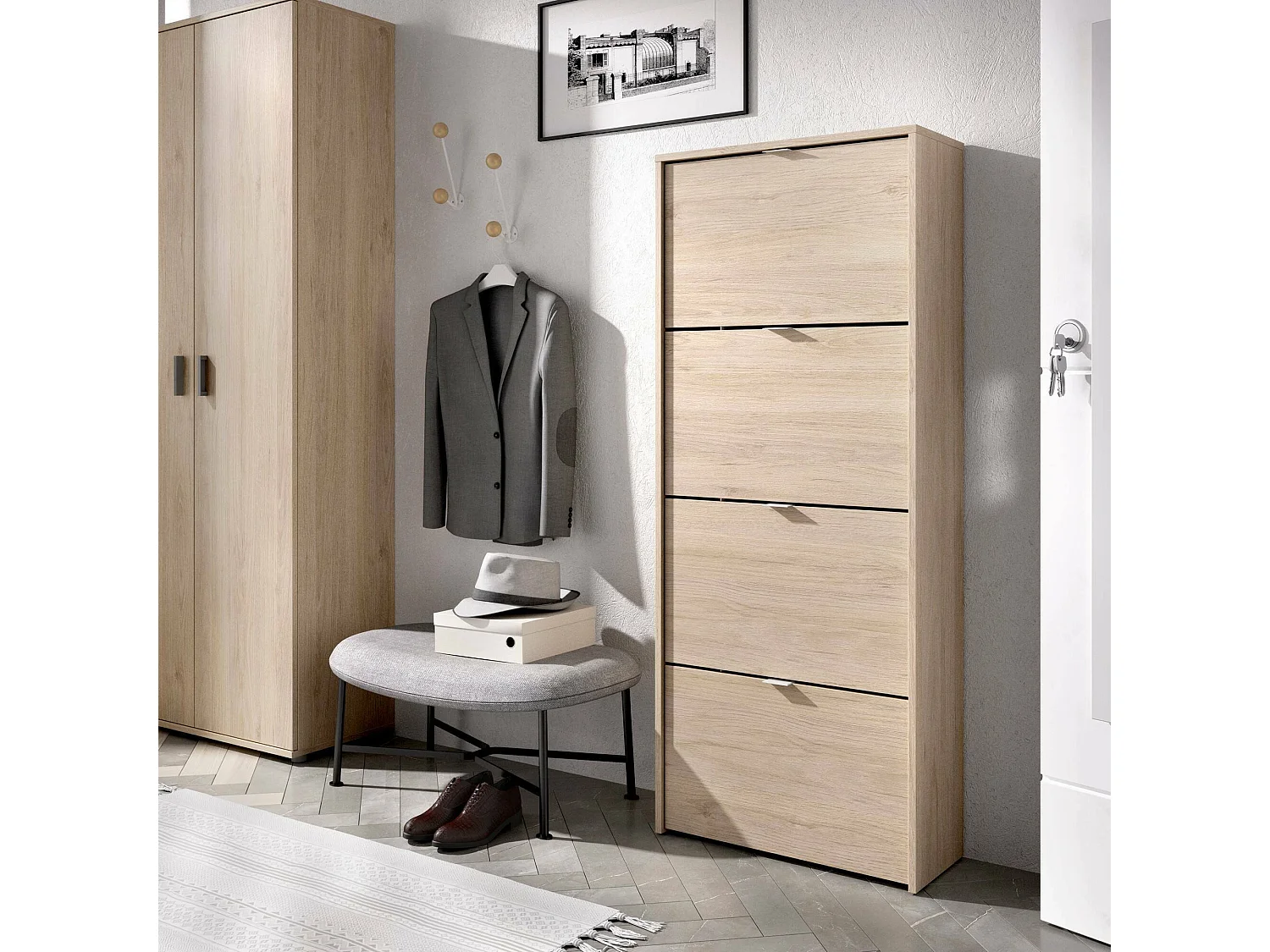 Dmurie schoenenrek, Ruimtebesparend entree schoenenrek, Schoenenkast met 4 vouwdeuren, 61x25h149 cm, Eiken