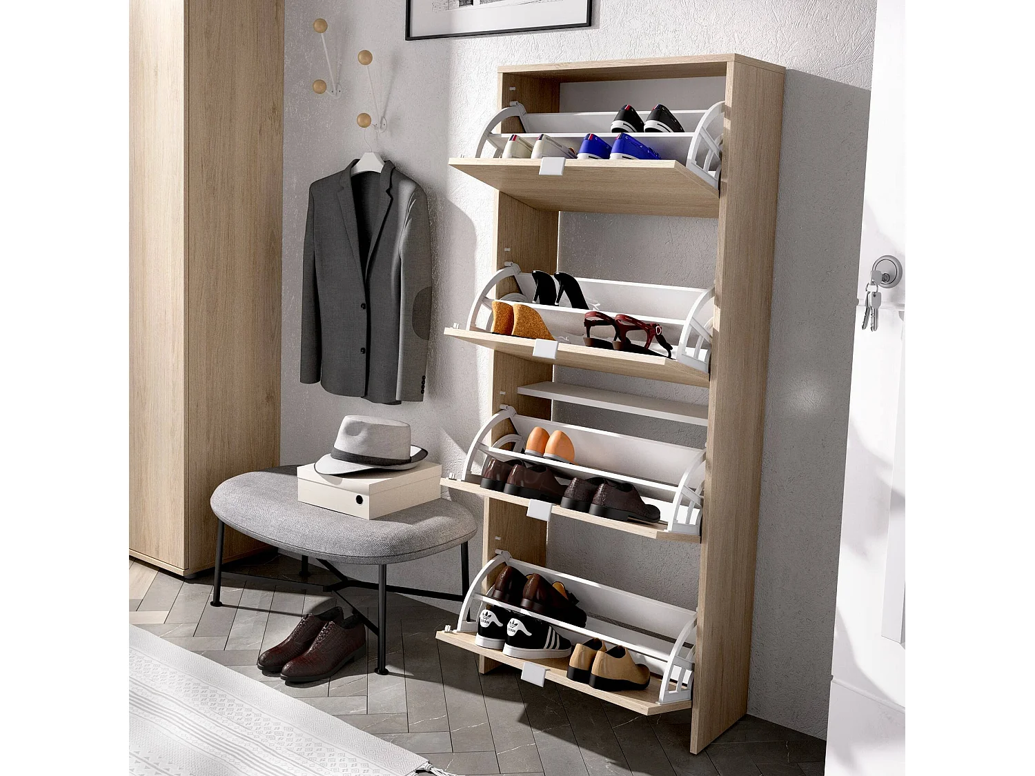 Étagère à chaussures Dmurie, Étagère à chaussures d'entrée peu encombrante, Meuble à chaussures avec 4 portes pliantes, 61x25h149 cm, Chêne