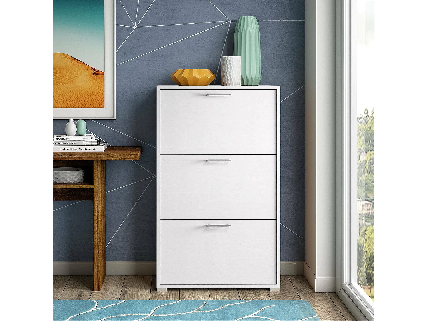 Étagère à chaussures Dferrari, meuble d'entrée polyvalent avec 3 portes pliantes, meuble à chaussures moderne, 100% Made in Italy, 67x18h112 cm, Blanc