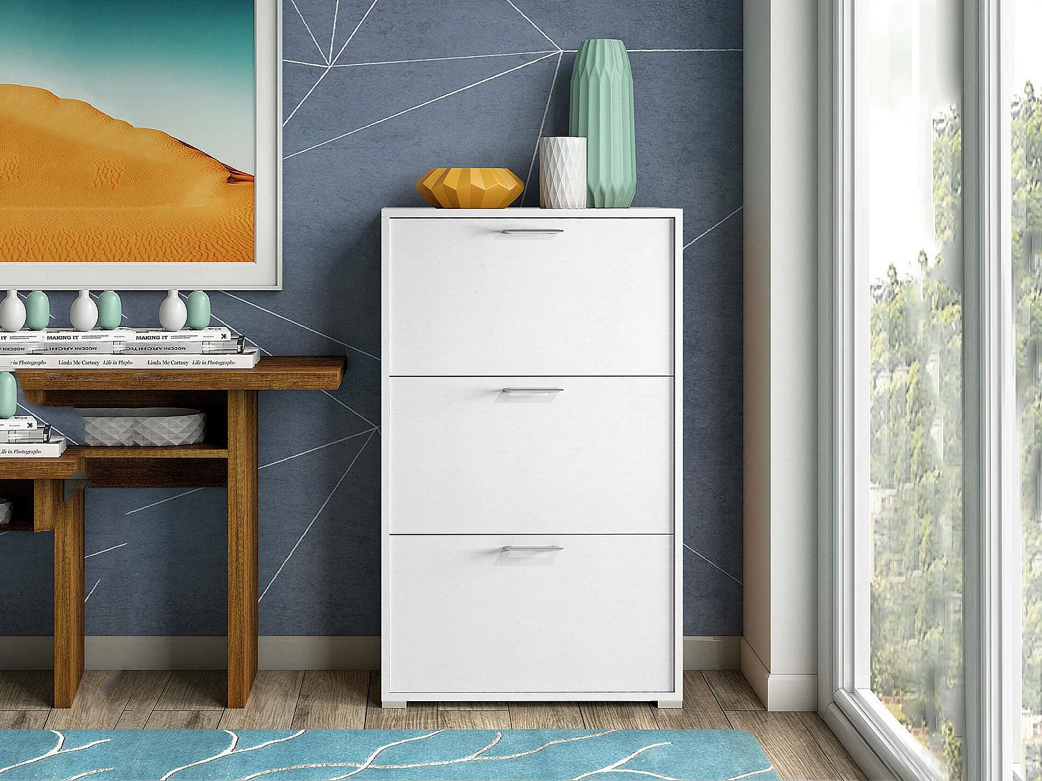 Zapatero Dferrari, Mueble de entrada polivalente con 3 puertas abatibles, zapatero moderno, 100% Made in Italy, 67x18h112 cm, Blanco