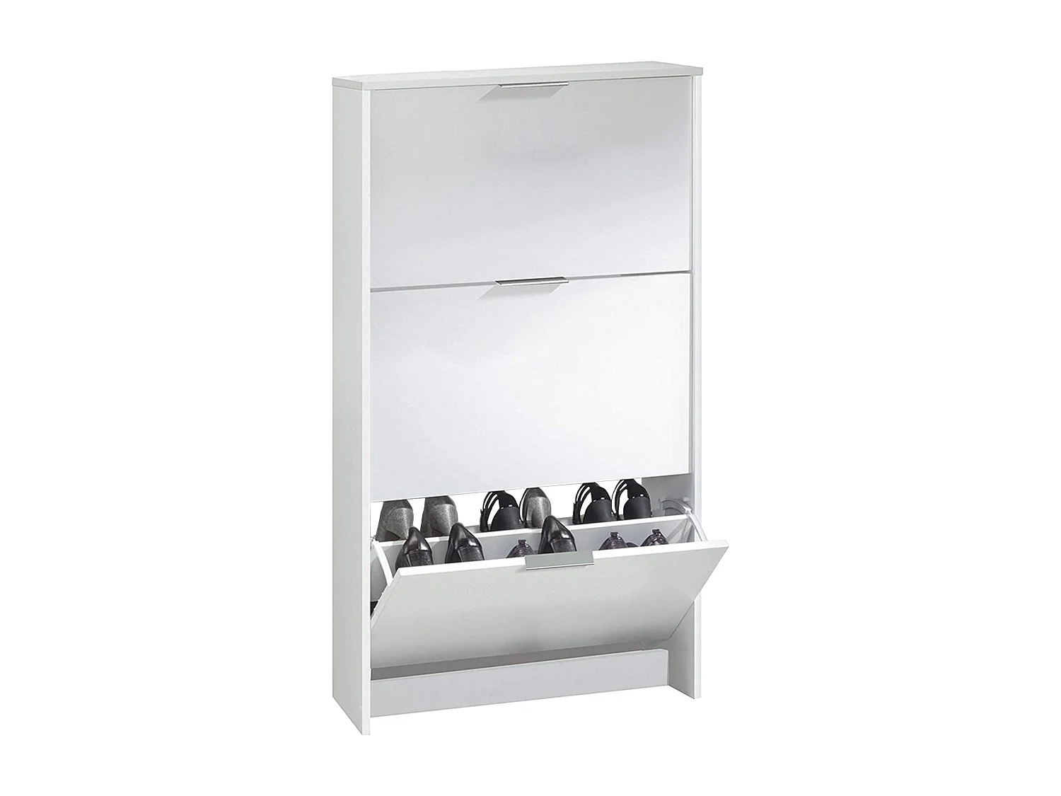 Schuhschrank Dcosta, Schuhschrank mit 3 Klapptüren, Schrank mit doppelter Kapazität für bis zu 18 Paar Schuhe, 70x17h180 cm, Glänzend WeiÃŸ