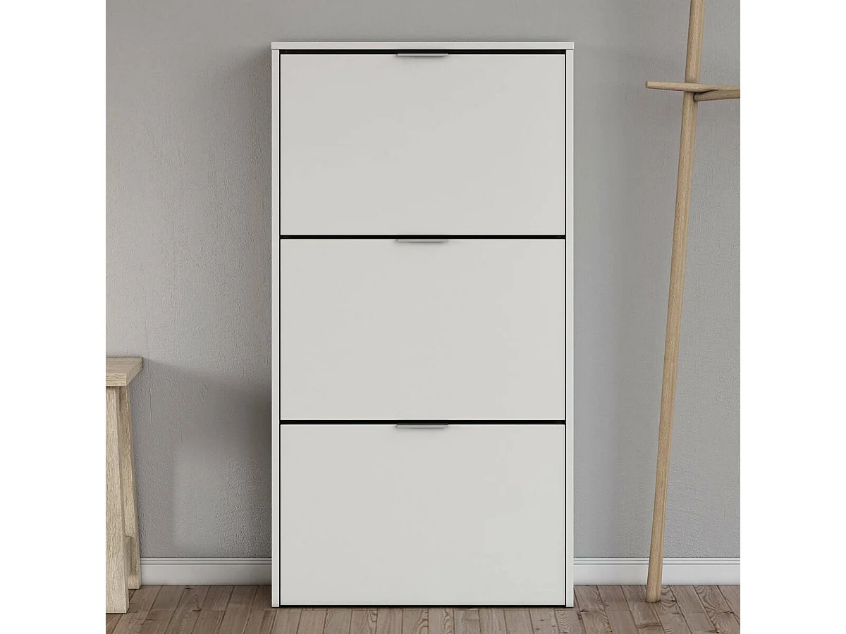 Dmora - Schuhschrank Dcosta, Schuhschrank mit 3 Klapptüren, Schrank mit doppelter Kapazität für bis zu 18 Paar Schuhe, 70x17h180 cm, Glänzend Weiß