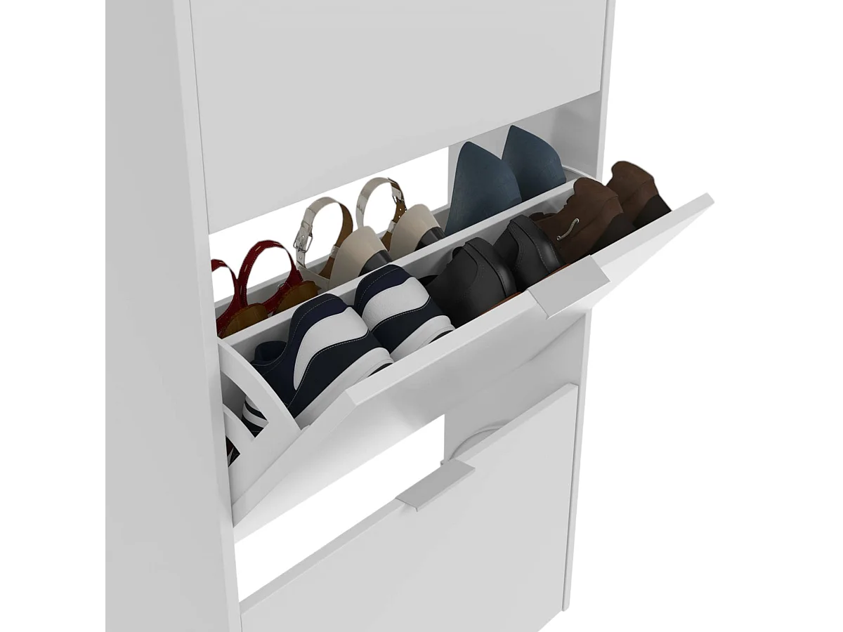 Dmora - Schuhschrank Dcosta, Schuhschrank mit 3 Klapptüren, Schrank mit doppelter Kapazität für bis zu 18 Paar Schuhe, 70x17h180 cm, Glänzend Weiß