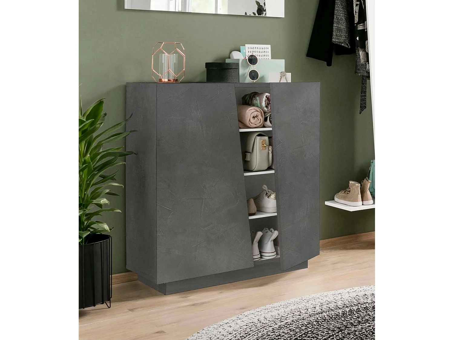 Schuhschrank Dfogl, Mehrzweckschrank mit 2 Türen, Eingangsschuhregal, 100% Made in Italy, cm 80x38h86, Schiefer