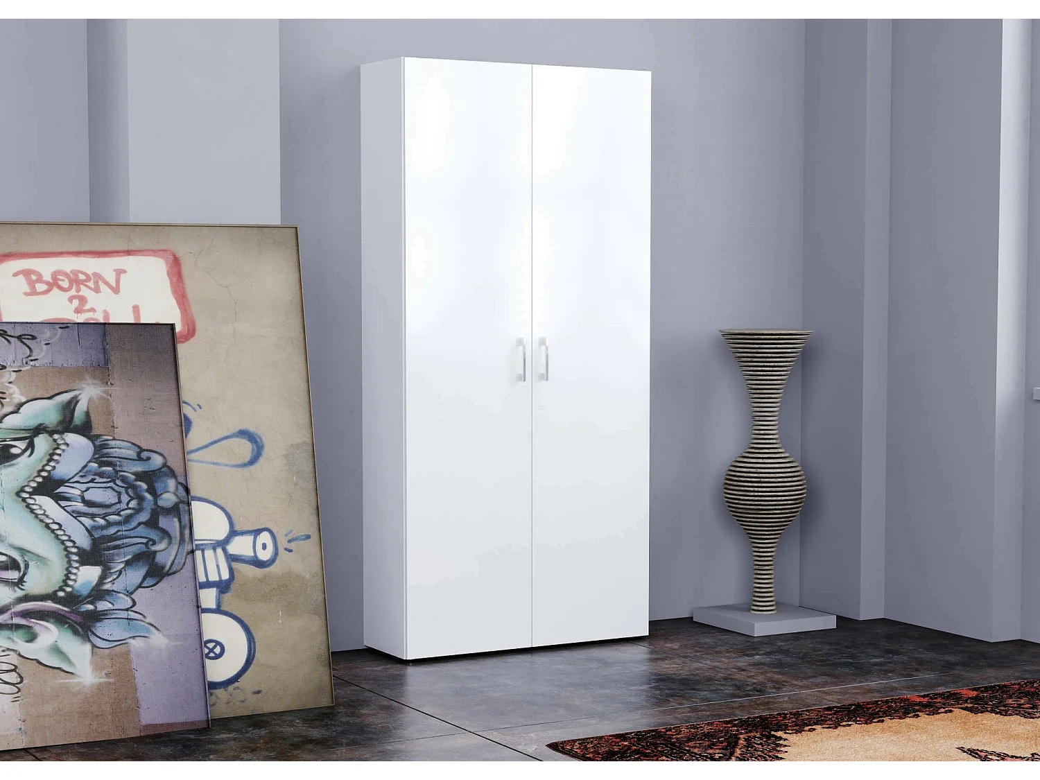 Dmora - Scarpiera Actra, cm 91x33h190, Bianco lucido