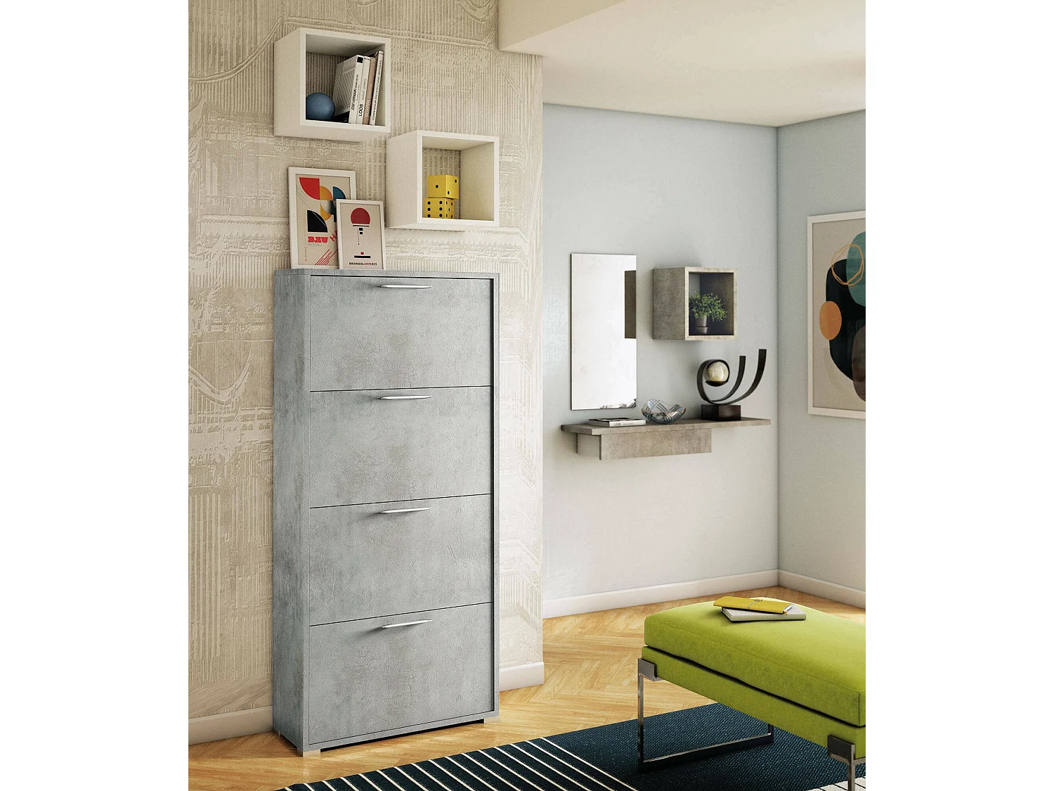 Dmarcat schoenenrek, multifunctioneel entreemeubilair met 4 vouwdeuren, schoenenkast met dubbele diepte, 100% Made in Italy, 67x28h147 cm, Cement