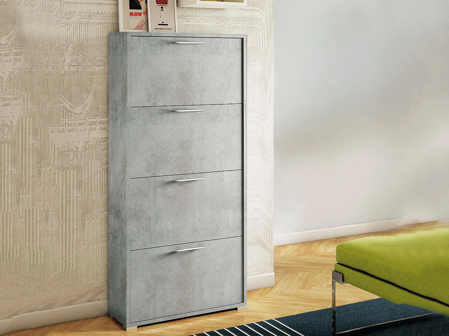 Schuhregal Dmarcat, Mehrzweck - Eingangsmöbel mit 4 Klapptüren, Schuhschrank mit doppelter Tiefe, 100% Made in Italy, 67x28h147 cm, Beton