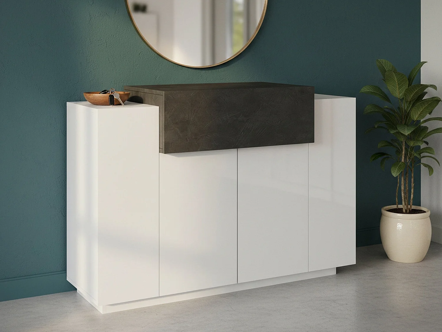Dlucc schoenenrek, multifunctionele kast met 2 deuren en 1 vouwdeur, schoenenrek voor entree, 100% Made in Italy, 120x45h86 cm, glanzend wit en leisteen