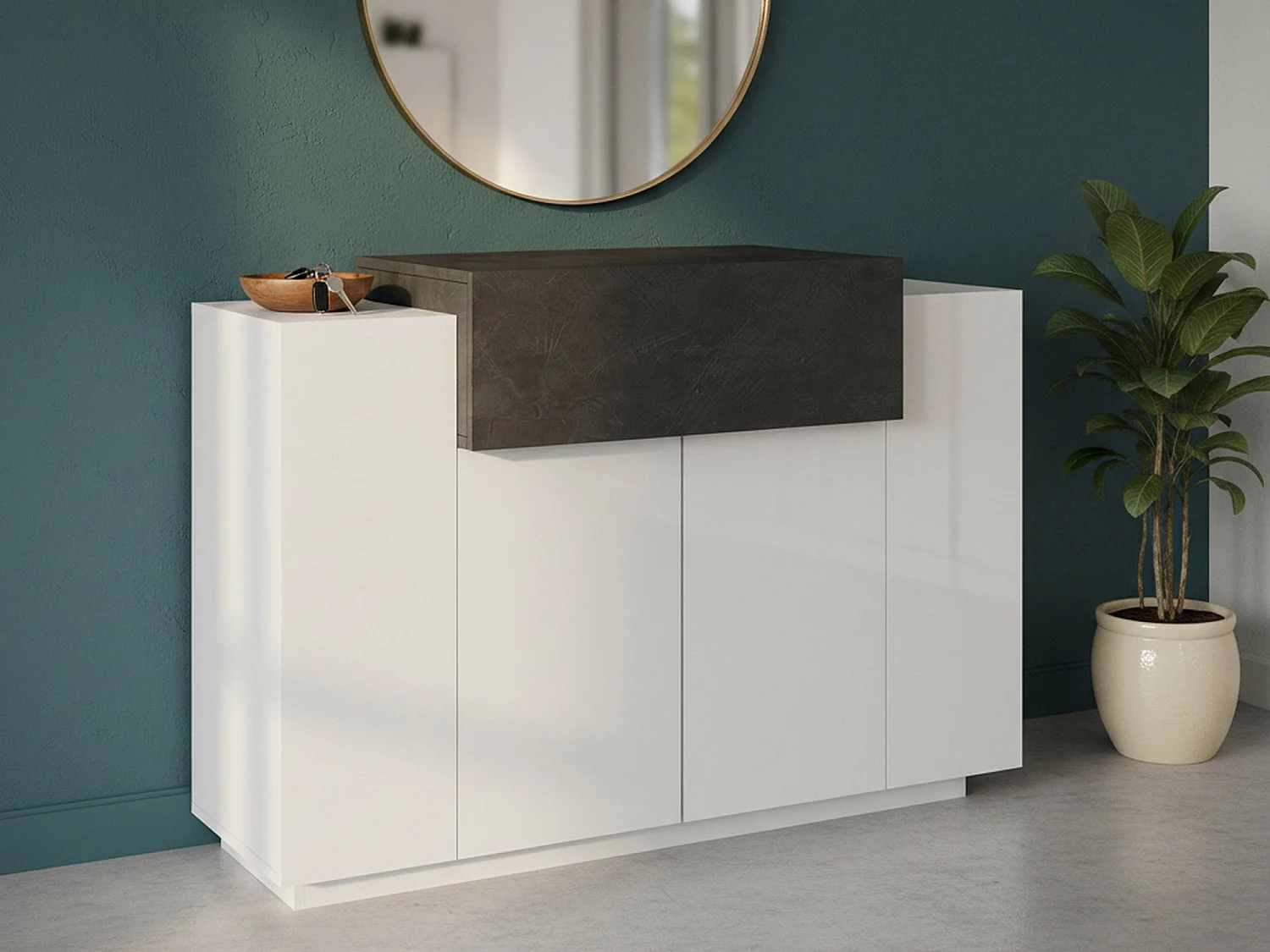 Dlucc schoenenrek, multifunctionele kast met 2 deuren en 1 vouwdeur, schoenenrek voor entree, 100% Made in Italy, 120x45h86 cm, glanzend wit en leisteen