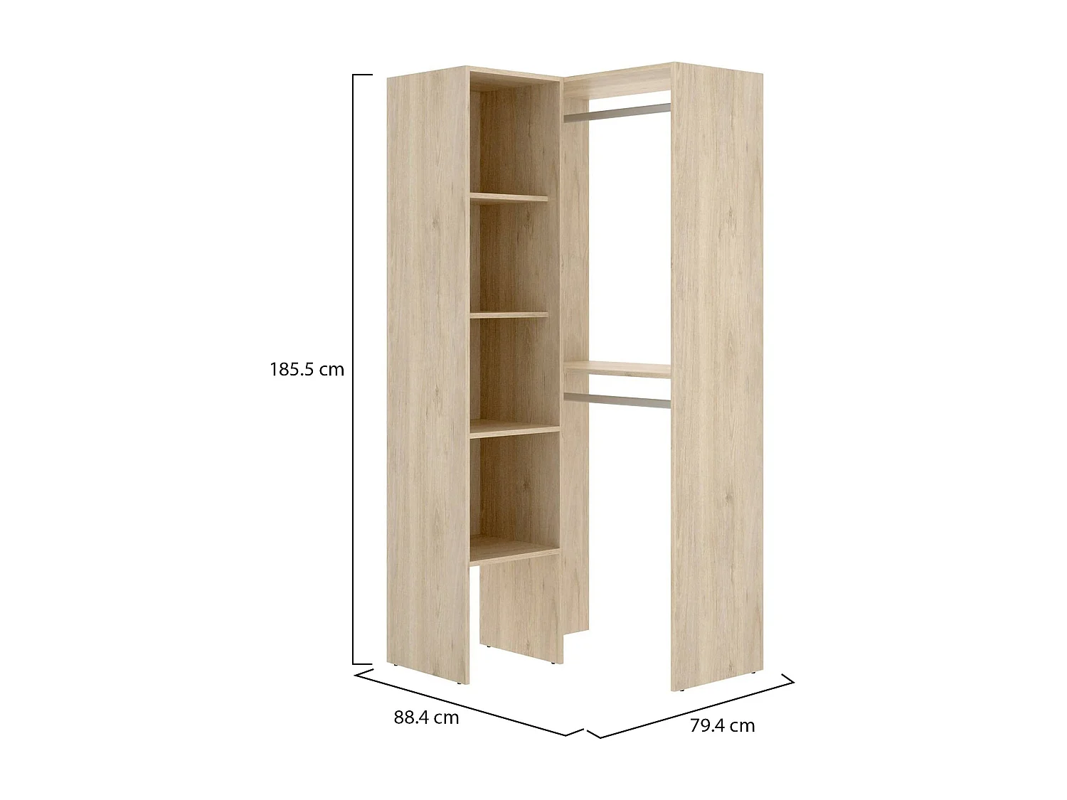 Armoire Dalmic, Structure pour dressing d'angle, Cintre d'angle ouvert, 79x88h186 cm, Chêne