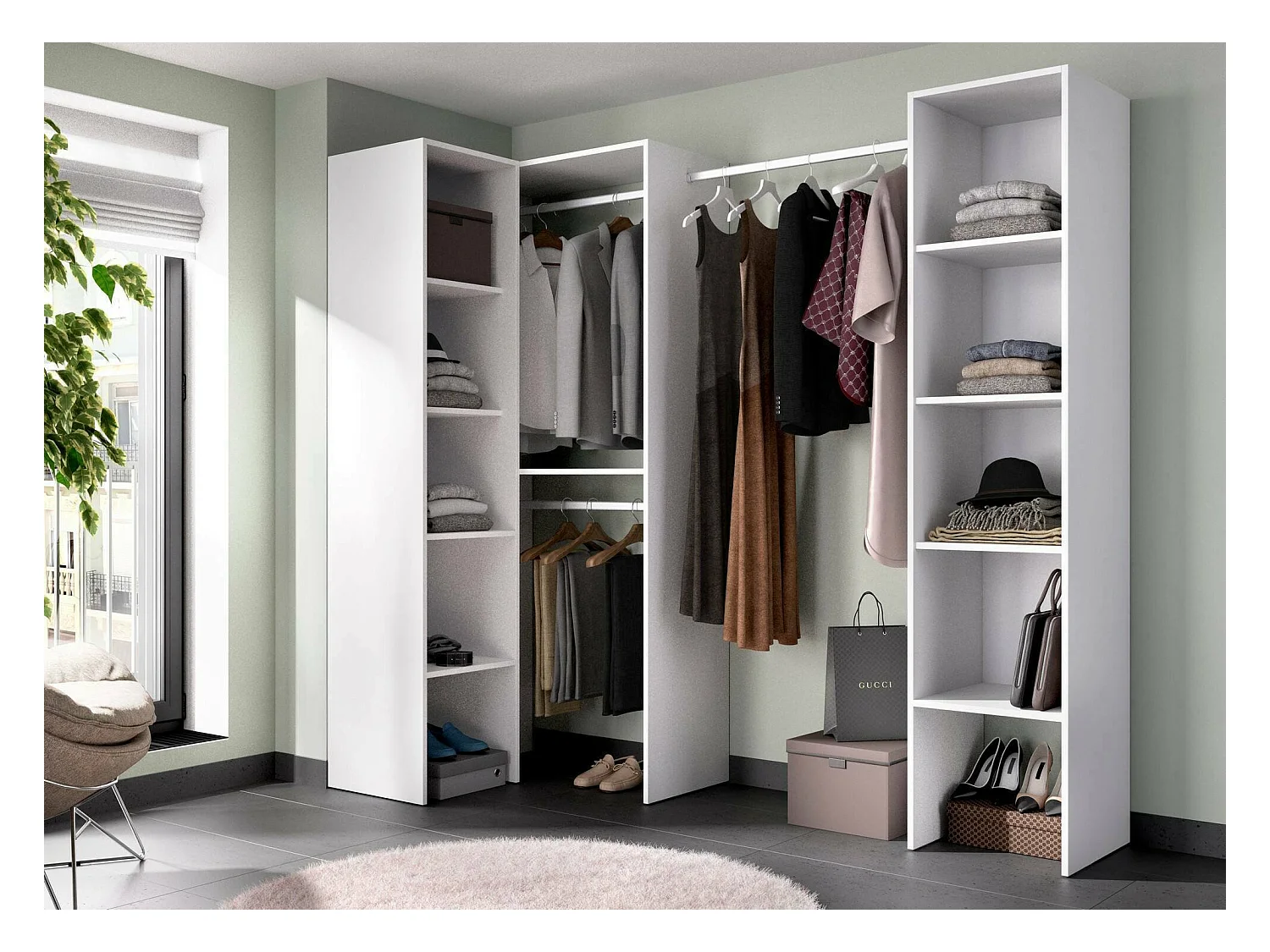 Kleiderschrank Dluvumb, Struktur für begehbaren Eckschrank, offene Eckgarderobe, 226 x 79 x 186 cm, Weiß