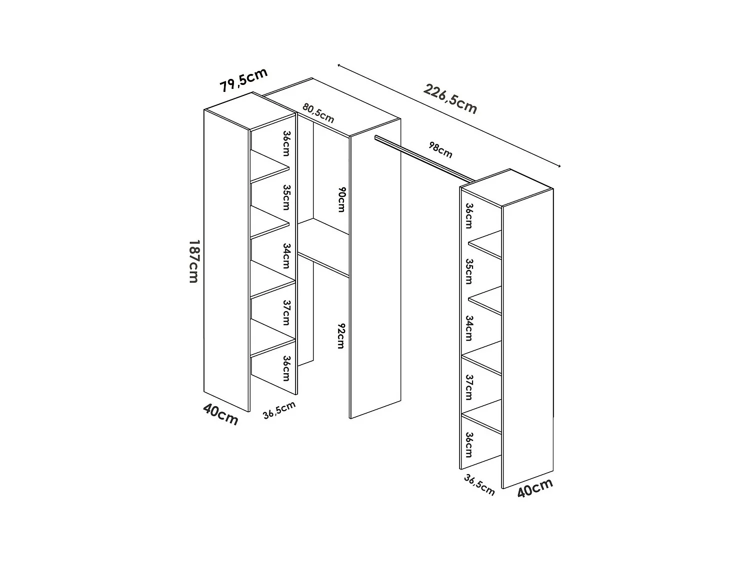 Kleiderschrank Dluvumb, Struktur für begehbaren Eckschrank, offene Eckgarderobe, 226 x 79 x 186 cm, Weiß