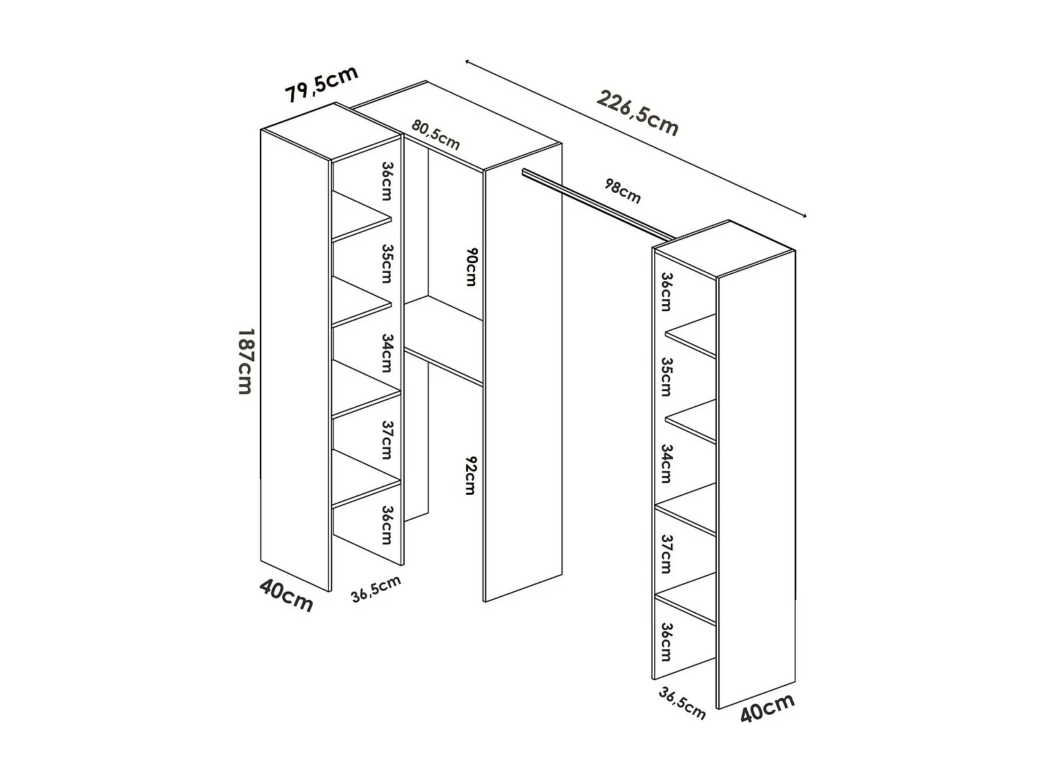Armoire Dluvumb, Structure pour dressing d'angle, Cintre d'angle ouvert, 226x79h186 cm, Blanc