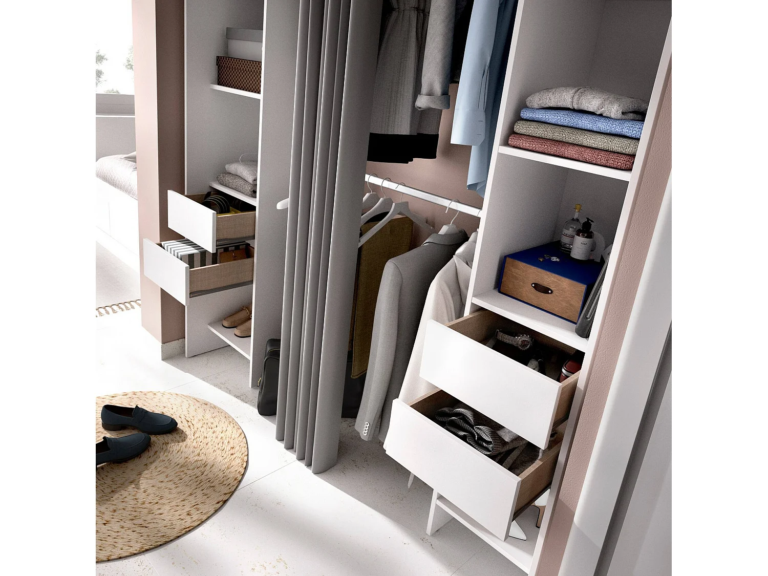 Dmanari kledingkast, Structuur voor inloopkast, Open kleerhanger, 180x50h205 cm, Wit en Grijs