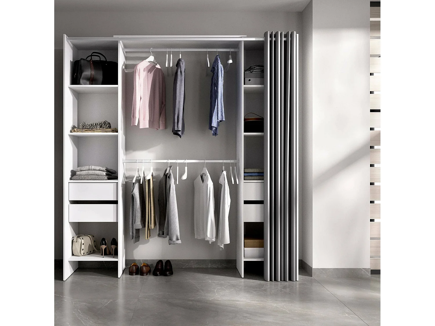 Dmanari kledingkast, Structuur voor inloopkast, Open kleerhanger, 180x50h205 cm, Wit en Grijs