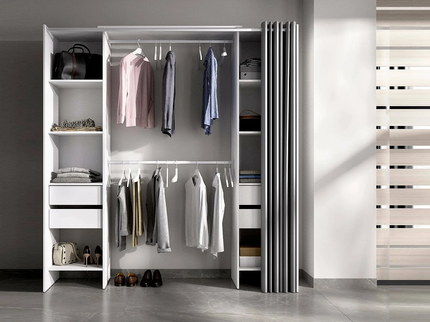 Armoire Dmanari, Structure pour dressing, Cintre ouvert, 180x50h205 cm, Blanc et Gris