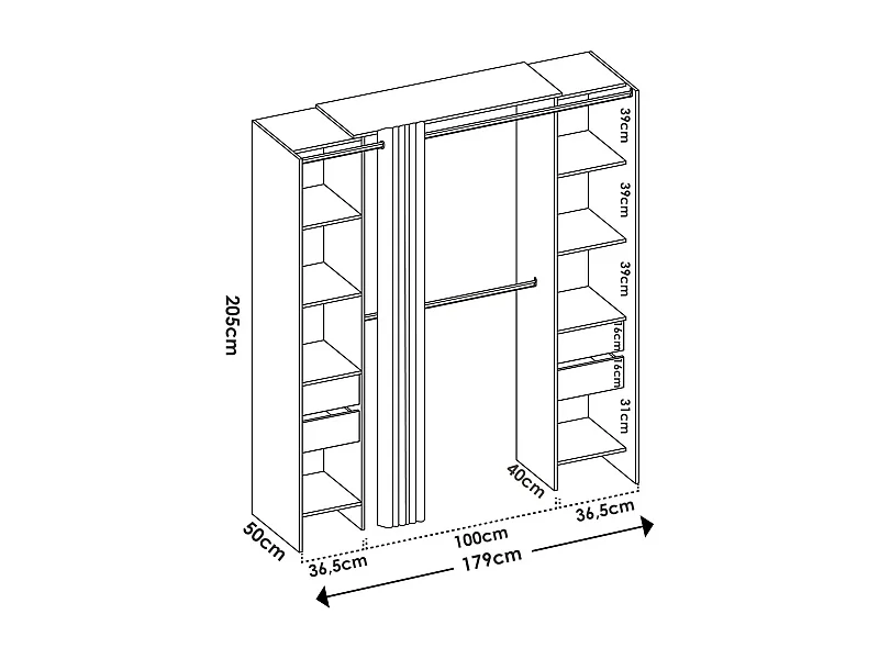 Armoire Dmanari, Structure pour dressing, Cintre ouvert, 180x50h205 cm, Blanc et Gris