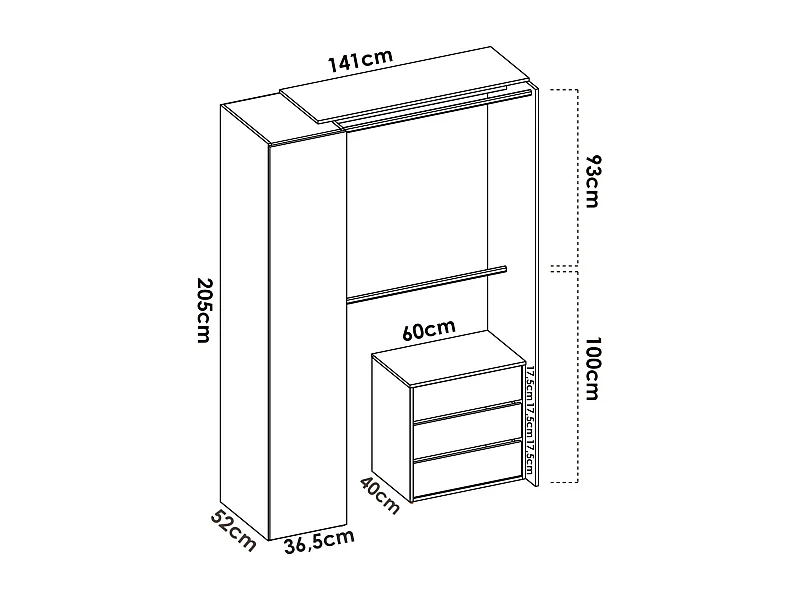 Armoire Dmatin, Structure pour dressing, Cintre ouvert, 141x52h205 cm, Blanc et Anthracite