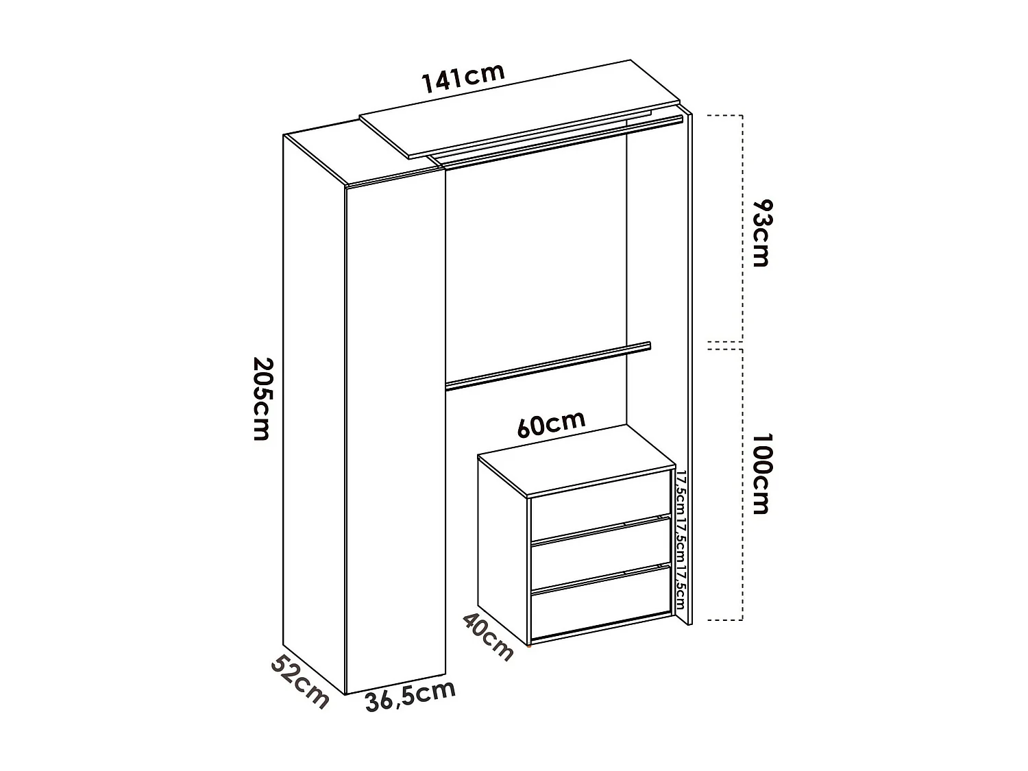 Dmora - Guardaroba grande Annuck, 141x52h205 cm, Bianco e Antracite