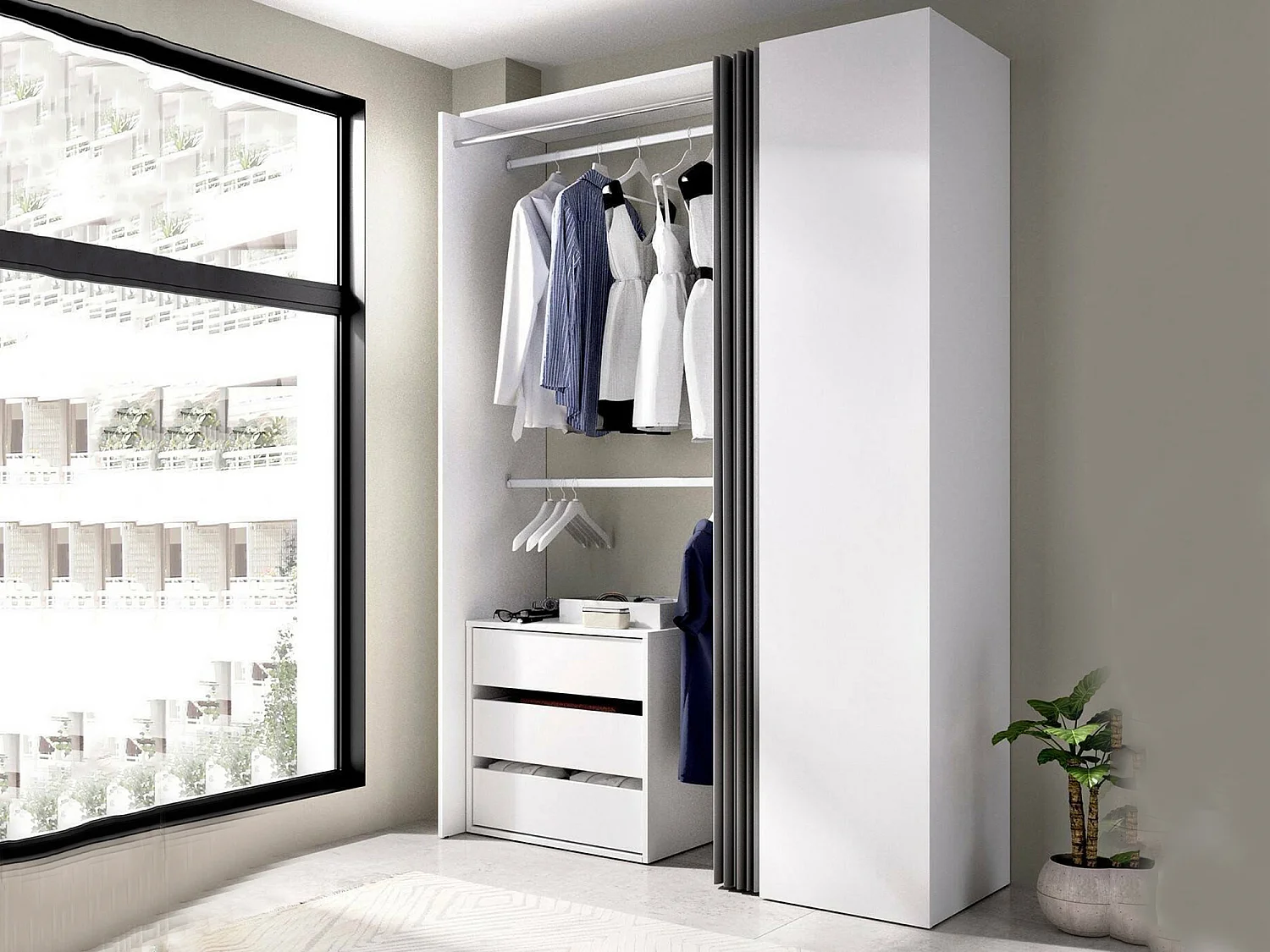 Armoire Dmatin, Structure pour dressing, Cintre ouvert, 141x52h205 cm, Blanc et Anthracite