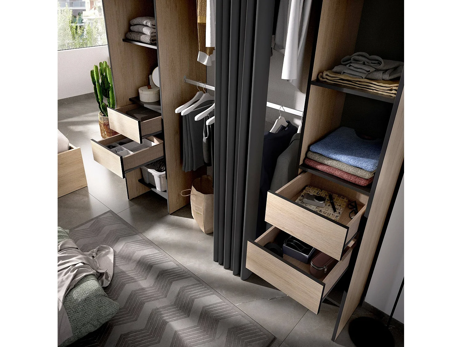 Kleiderschrank Dmanari, Struktur für begehbaren Kleiderschrank, offene Garderobe, 180 x 50 x 205 cm, Eiche und Anthrazit