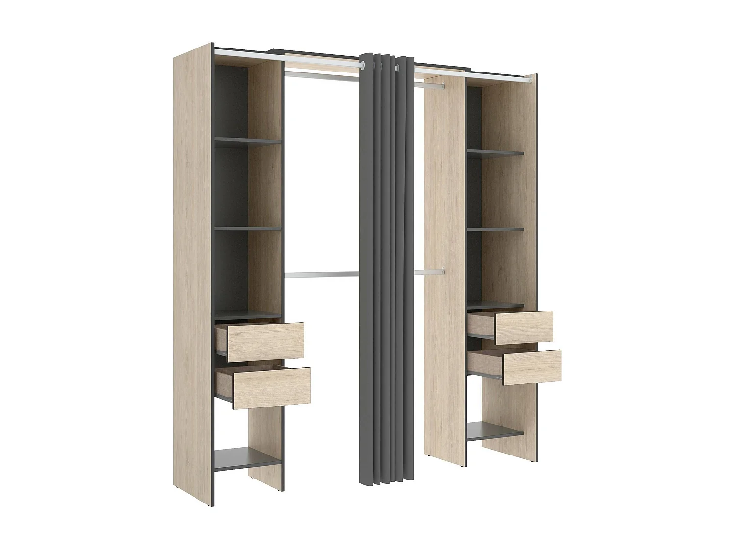 Kleiderschrank Dmanari, Struktur für begehbaren Kleiderschrank, offene Garderobe, 180 x 50 x 205 cm, Eiche und Anthrazit