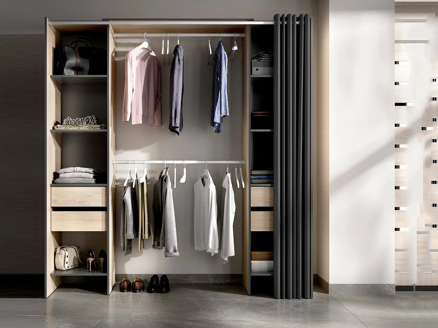 Armoire Dmanari, Structure pour dressing, Cintre ouvert, 180x50h205 cm, Chêne et Anthracite