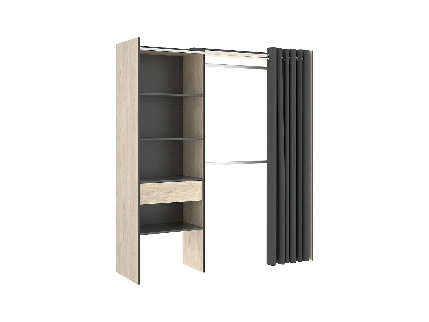 Armoire Dober, Structure pour dressing avec rideau, Cintre ouvert, 160x50h205 cm, Chêne et Anthracite