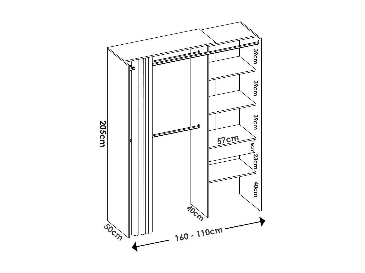 Armoire Dober, Structure pour dressing, Cintre ouvert, 160x50h205 cm, Blanc et Gris